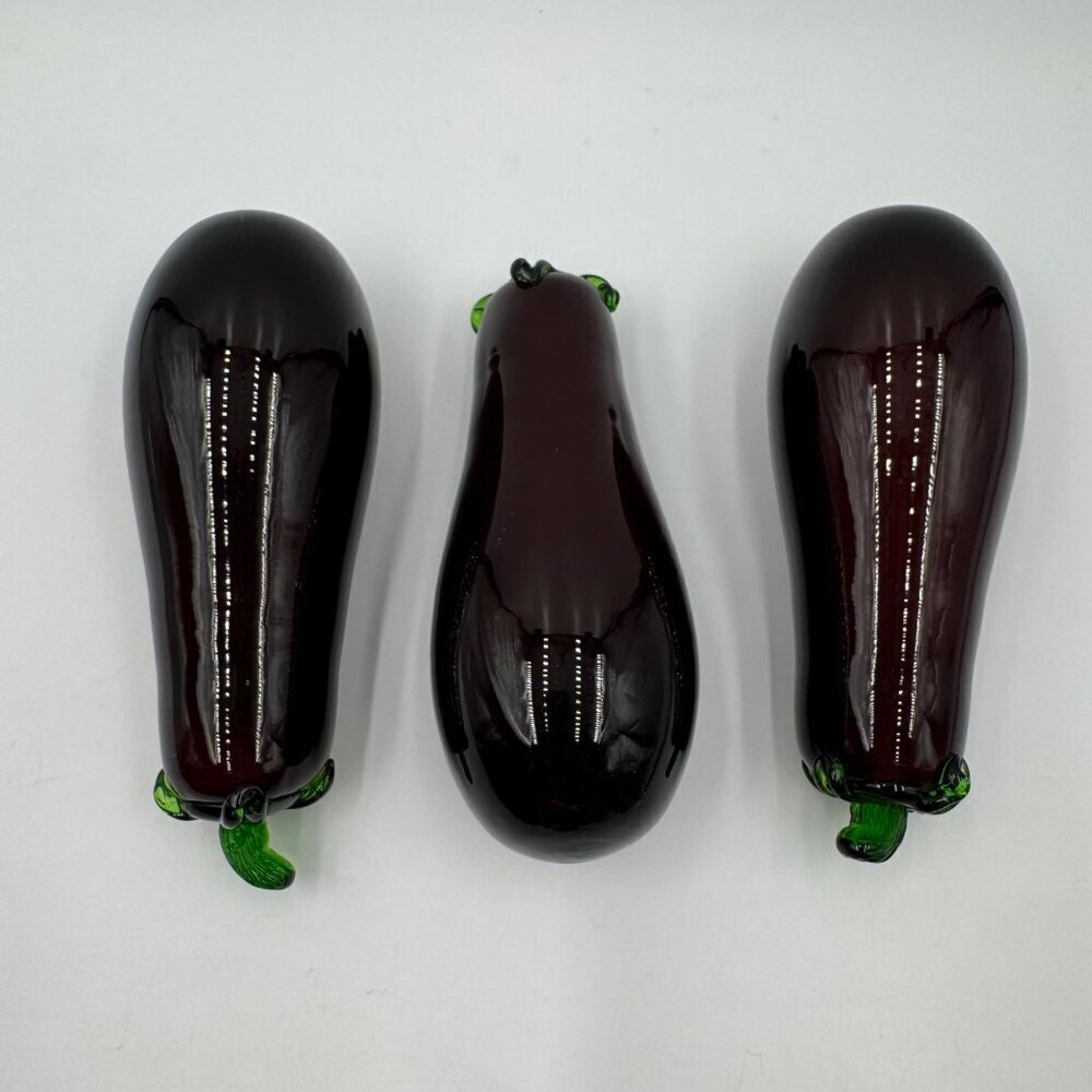 Vintage Hand Blown Art Glass 6.5" Eggplant Vegetable Purple/Green